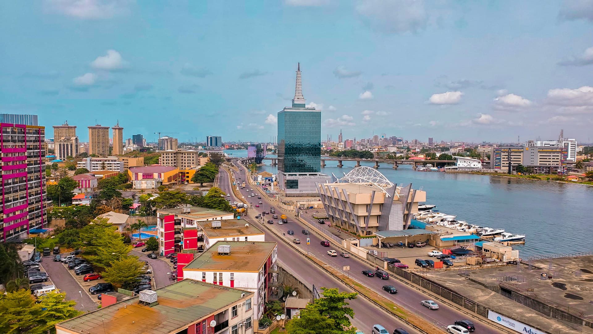Aerial view of Lagos Marina and the Civic Centre skyline